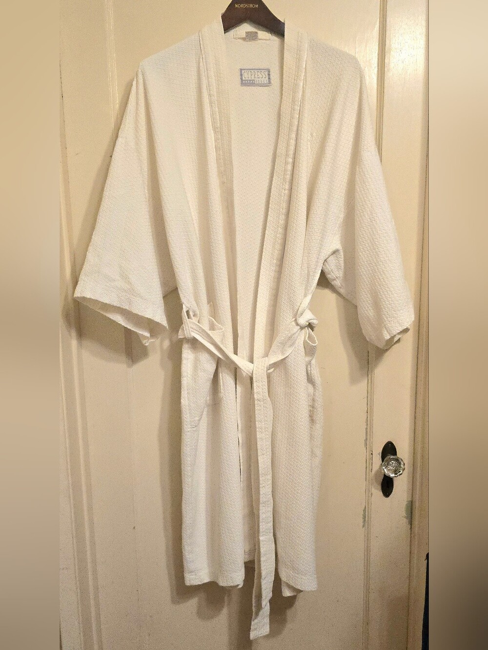 Women's White Waffle Weave Spa Robe with Waist Tie Monogrammed "B"